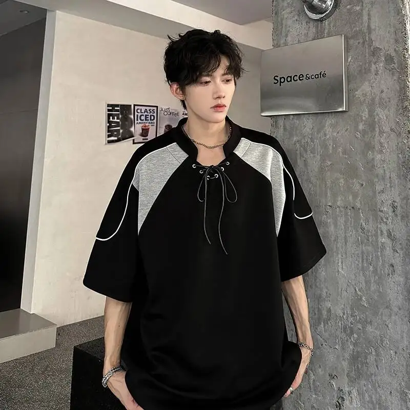 Men's Lace Streetwear Up V Neck T Shirt Color Block Raglan Sleeve Oversized Fit Short Sleeve Casual Pullover Tee PTOS