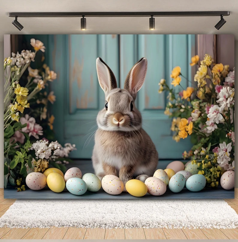 Spring Easter Backdrop Cute Bunny Eggs Rabbit Flower Wooden Cottage Kids Portrait Family Party Photography Background Photobooth