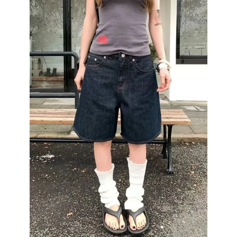 Womens American Retro Double Button Denim Shorts High Waist Straight Loose Slim Casual Short Jeans