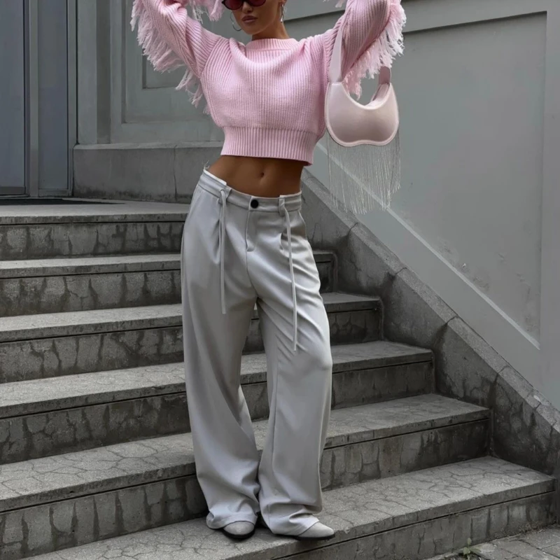 Women O Neck Tassel Elegant Y2K Pink Short Knitted Sweater Women Casual Pullover Autumn Lady Long Sleeve Streetwear  Jumper Punk