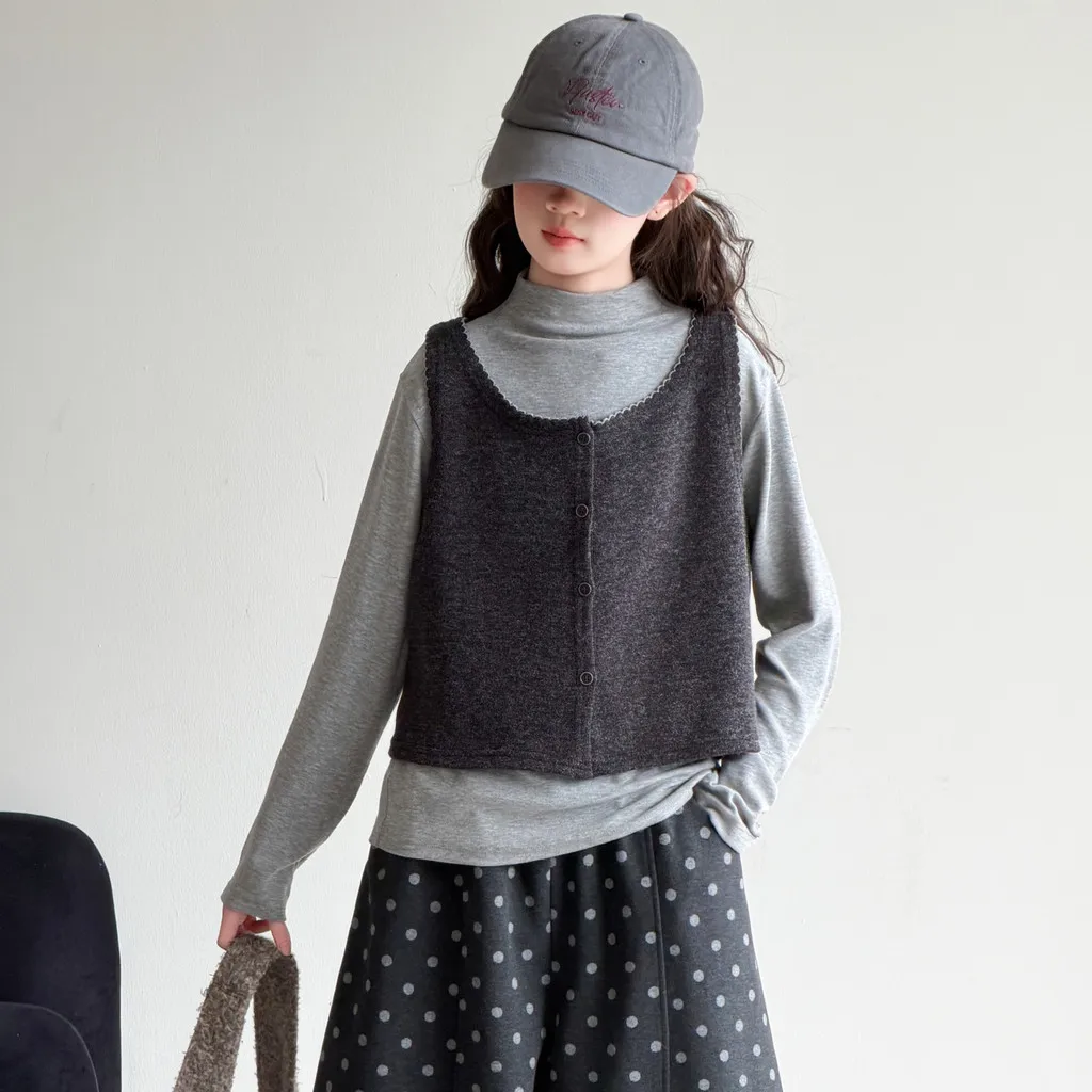 Girls Gray Long Sleeve Base Tops Mock Neck and Vest 2 Piece Set Autumn Children Tops 2026