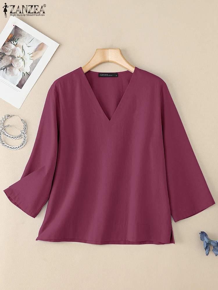 ZANZEA 2025 가을 블라우스 여성 코튼 탑 튜닉 우아한 솔리드 워크 셔츠 캐주얼 V넥 3/4 소매 블루사 여성 루즈 셔미즈