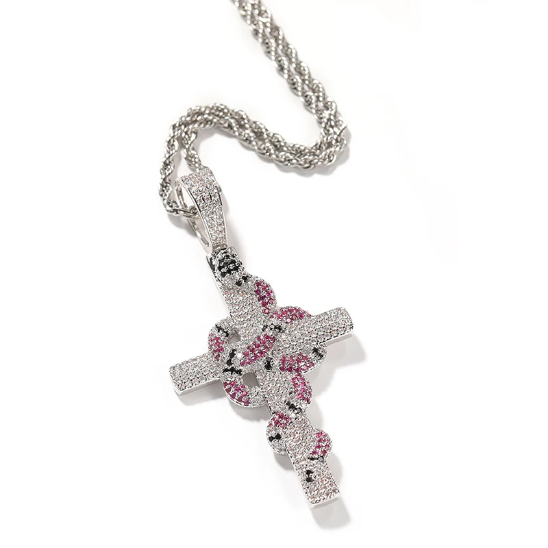 Hip Hop 3A+ CZ Stone Paved Bling Iced Out Snake Cross Pendants Necklace for Men Rapper Jewelry Blue Red Green Drop Shipping