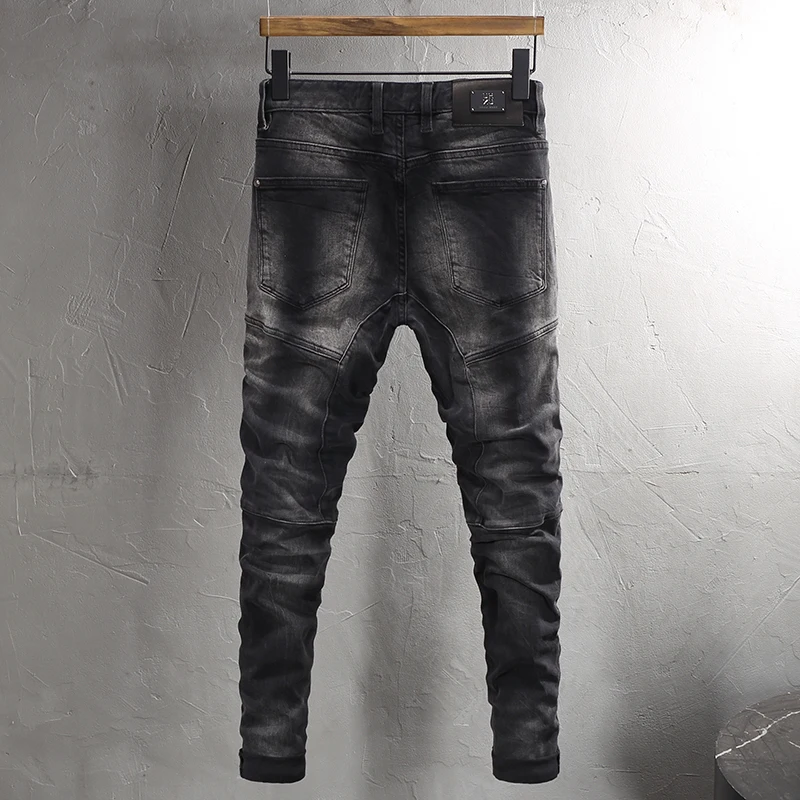 Street Fashion Men Jeans Retro Black Gray Stretch Slim Fit Ripped Jeans Men Spliced Designer Hip Hop Denim Biker Pants Hombre