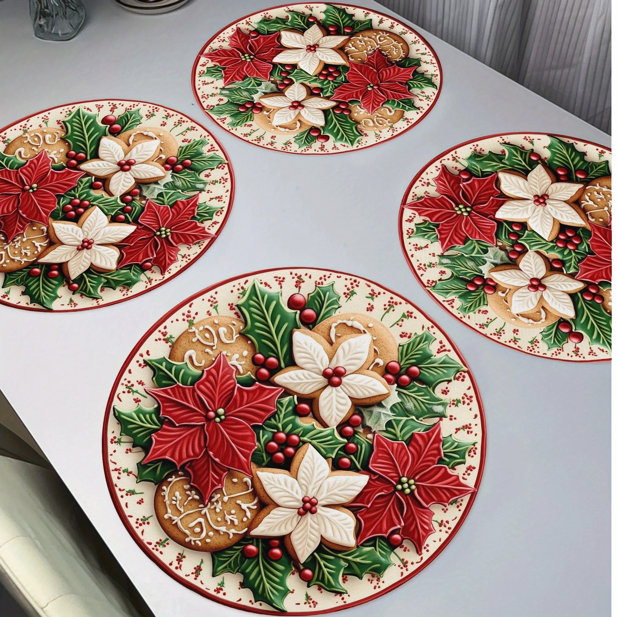 VIKAMA 4-Piece Christmas Poinsettia Dinner Placemat Set Holiday Gathering Home Dining Table Decor Accessories Warm Party Decor