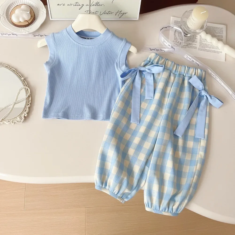 Summer New Girls' Casual Korean Version Clothes Sleeveless Vest+butterfly Checkered Pants+3-piece Bag Set for Children Aged 3-7
