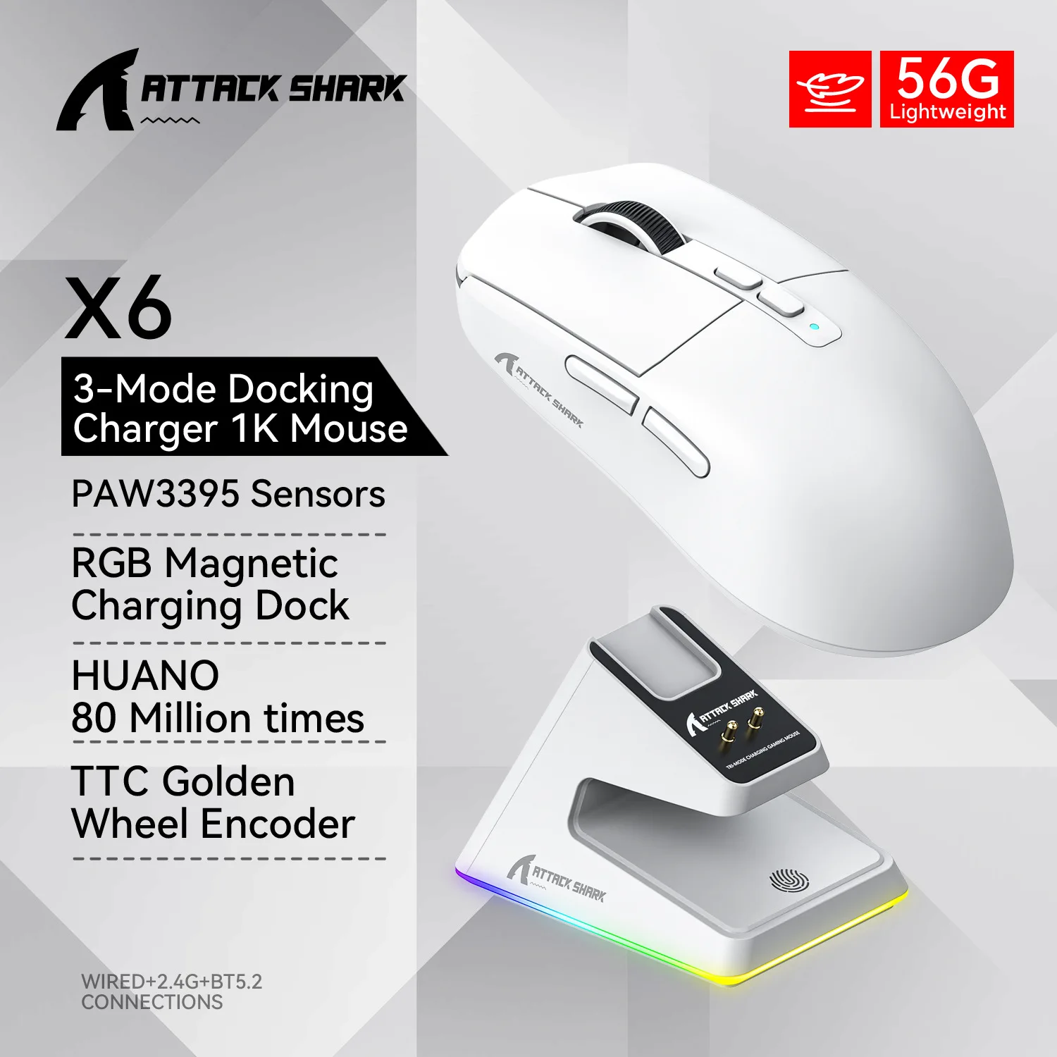 

Attack Shark X6 Wireless Gaming Mouse 2.4G Bluetooth Wired 3 Mode Lighetweight Mouse 26K DPI PAW3395 RGB lighting Charger Stand