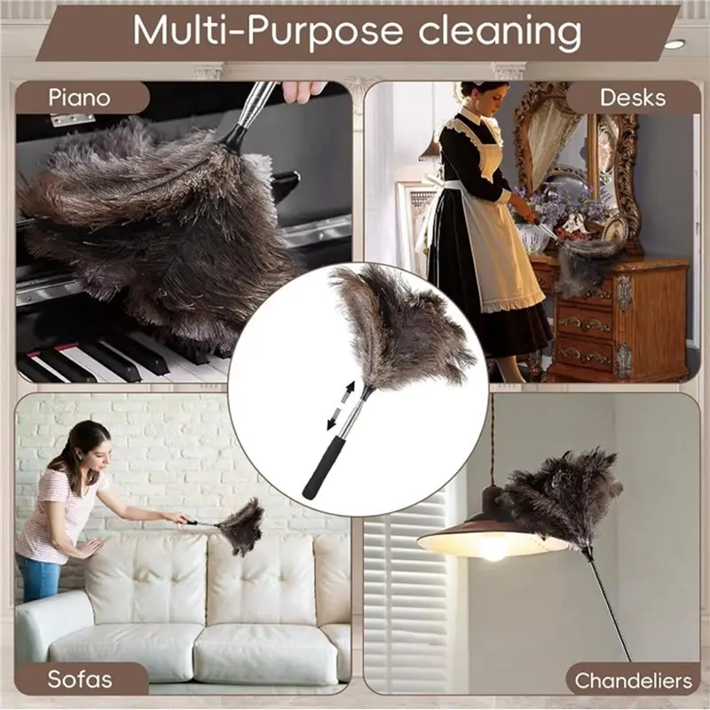 EYFL-2X Extendable Ostrich Feathers Duster Up To 17-45Inches Feathers Long Handle Reusable For Cleaning Ceiling Fan