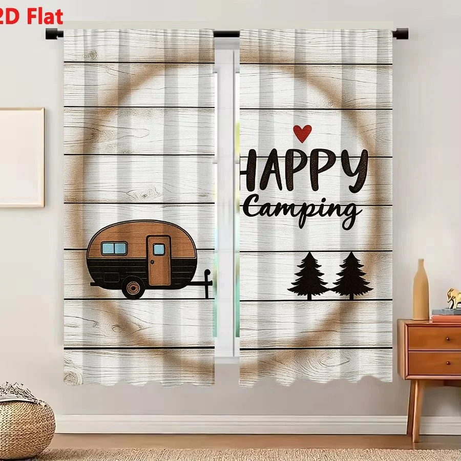 2Pcs Curtains 2D Flat Happy Camping Retro Travel Trailer And Pine Trees On Wood Planks Window Drapes for Bedroom Room Decor Deco