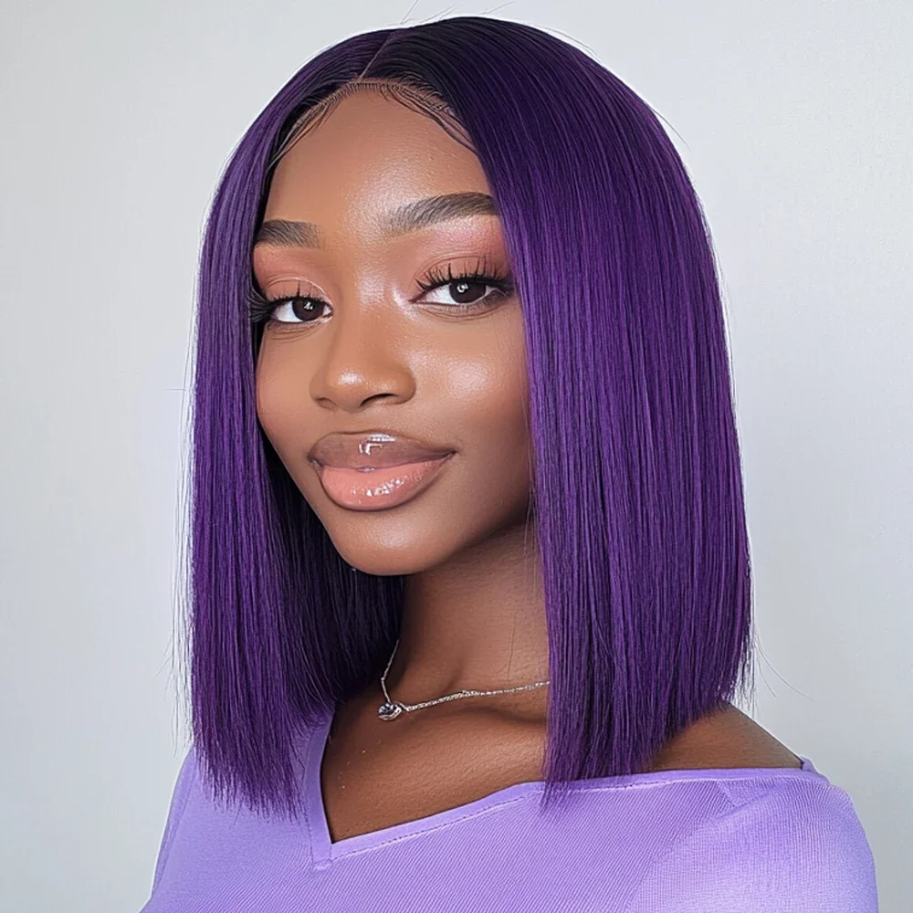 

Sleek Transparent Short T Lace Bob Human Hair Wigs Peruvian Purple Pink 99J Straight 13x6x2 Lace Front Wig For Women Pre Plucked