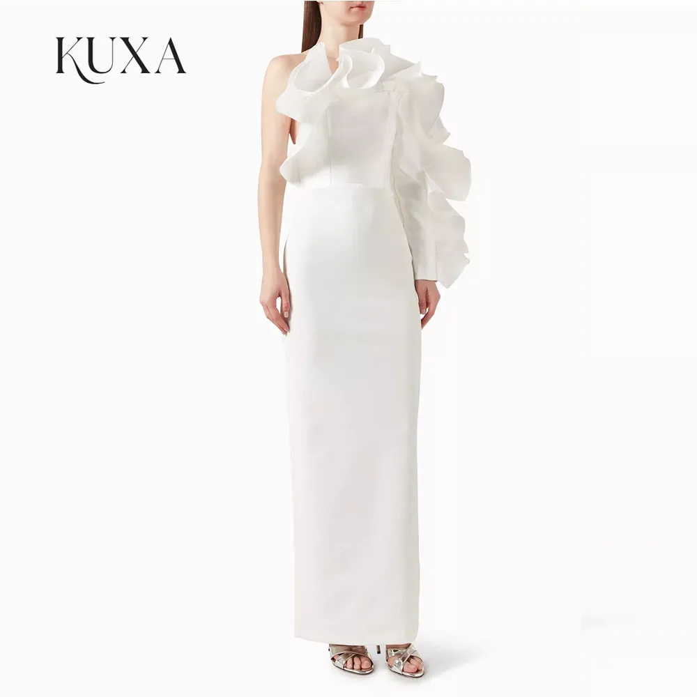 KUXA Customized One Shoulder Wedding Dress With Dramatic Ruffle Sleeve Open Back Mermaid Bridal Gown With Side High Slit