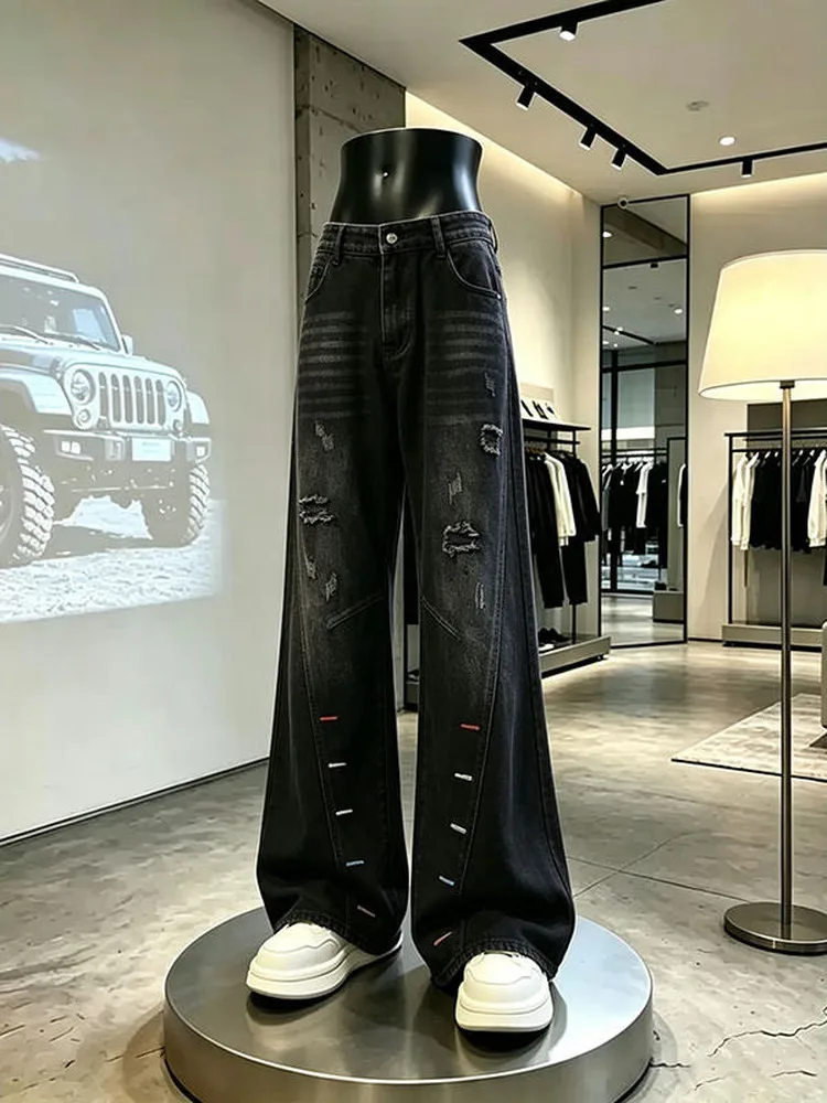 Men's Distressed Denim Jeans with Embroidery Wide Leg Design American Style Washed out Knife  Cleanfit Straight Micro Fla...