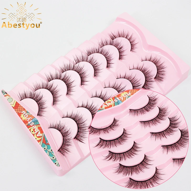 Abestyou Makeup 15mm Natural Fluffy False Eyelashes Wispy Mink Lashes 3D Volume Strip Thin Band Reusable Fake Lash ventilador