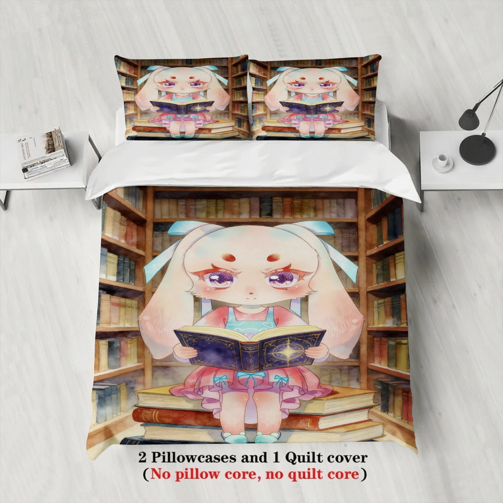 Softville Cozy Town 3PCS Bedding Sets Lop Rabbit Reading A Book Printed Duvet Cover No filling Cartoon Style Queen King Size