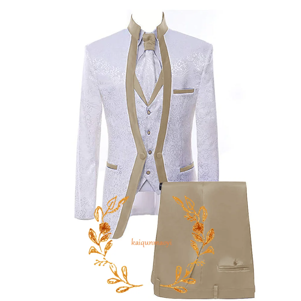 Terno de casamento jacquard branco masculino, smoking de festa formal, vestido do noivo, roupa personalizada, XS-5XL, 3 pcs