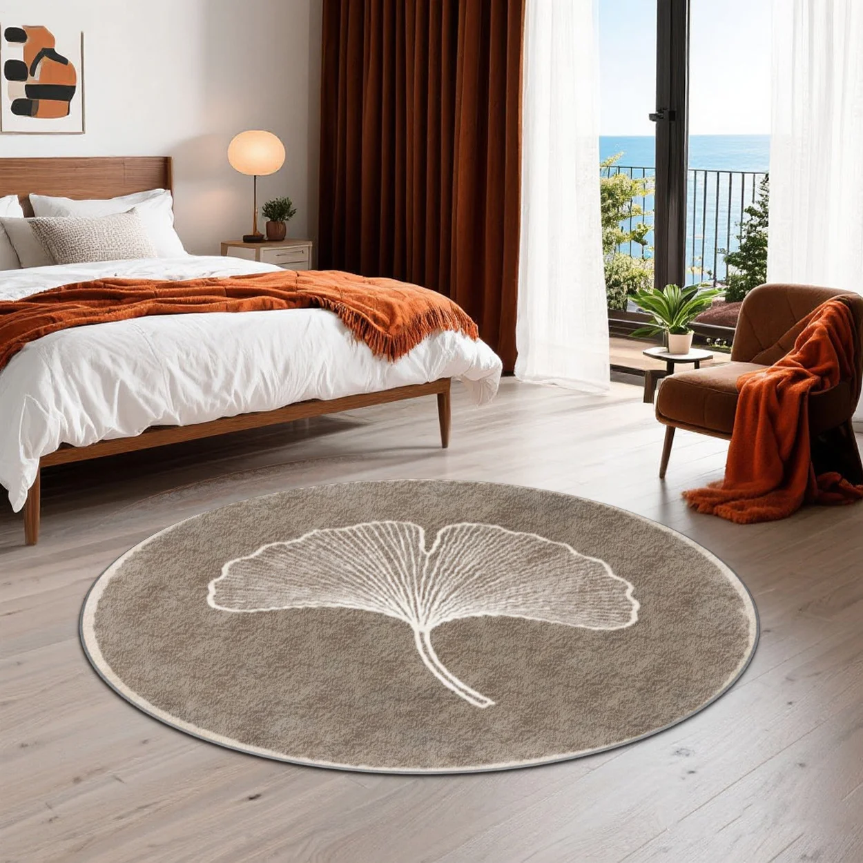 Minimalist White Ginkgo Leaf Round Rug  Neutral Brown Soft Circular Non Slip Floor Mat for Bedroom Living Room Modern Home Decor