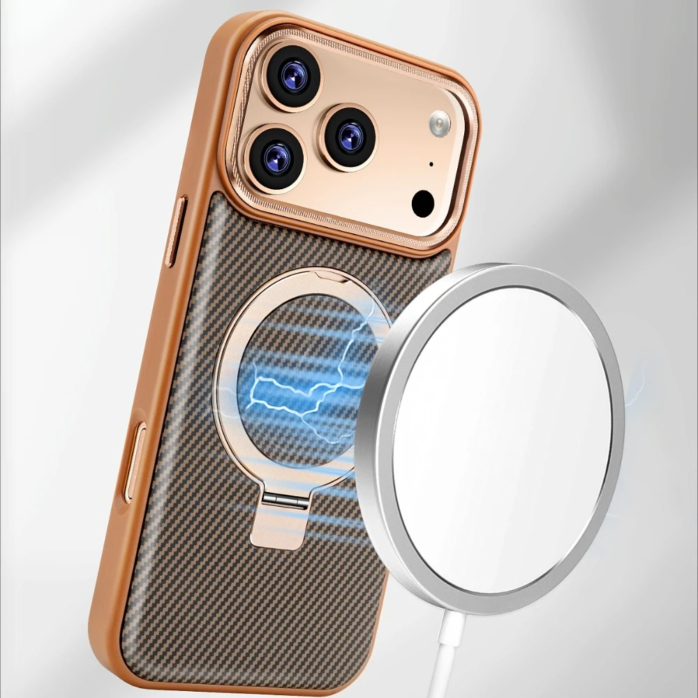 

Luxury Magnetic Phone Case for iPhone 17 Pro Max 17Air 16 Plus 15 Pro 14 13 12 Hardware Bracket Carbon Fiber Plain Leather Cover