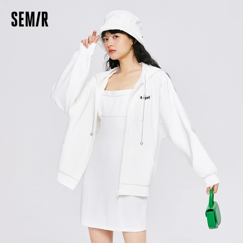 Semir 2023 Women Suit Sweet Two-piece Suit Solid Color Suspender Skirt Simple Hooded Jacket Suit for Women