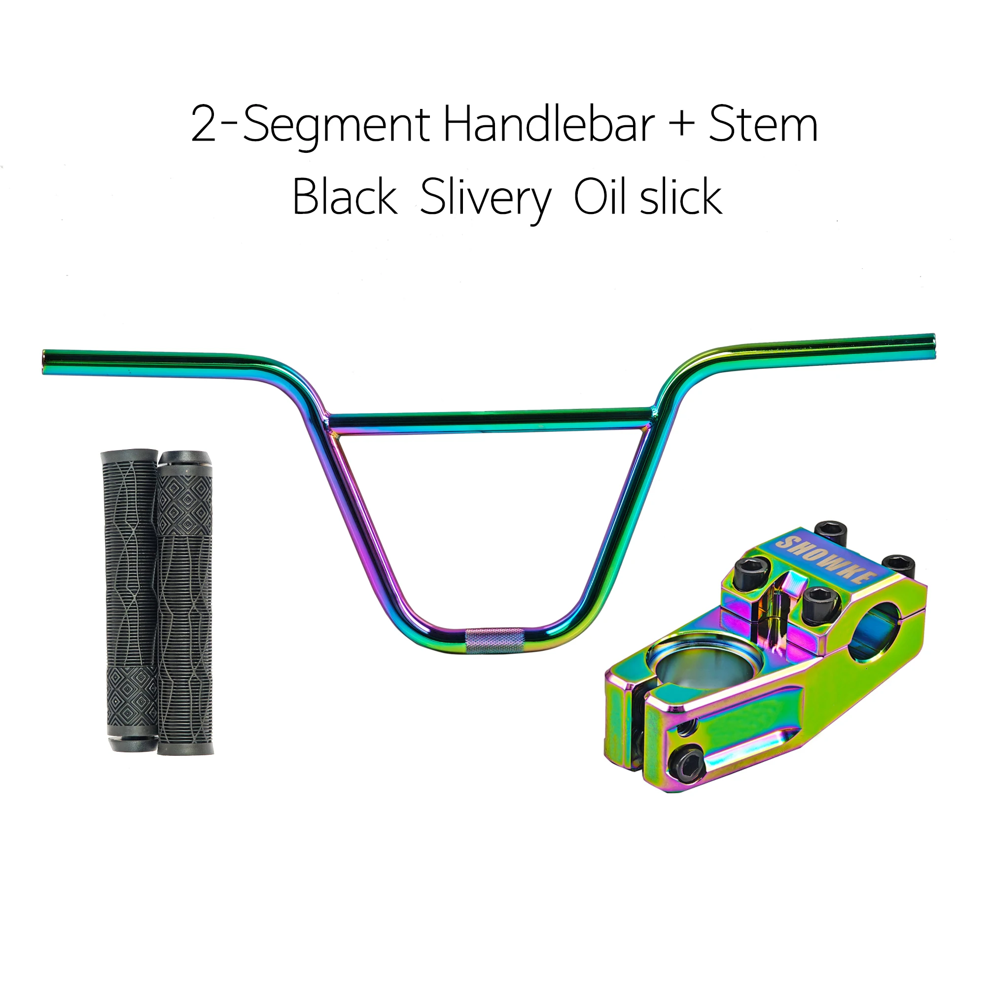 20-inch BMX Freestyle Bike | 2-Piece 9.5-inch CRMO Oversized Handlebars with Aluminum Stem | Black/Silver/Iridescent Accessories