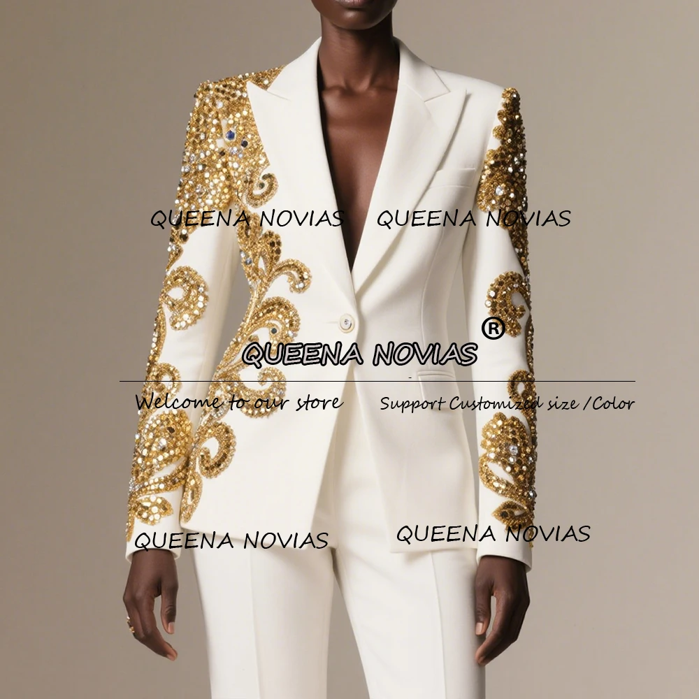 

Мерцающие золотые кристаллы, расшитые бисером костюмы, женские костюмы из двух предметов, платье для матери невесты для свадебной вечеринки, женские пиджаки по индивидуальному заказу