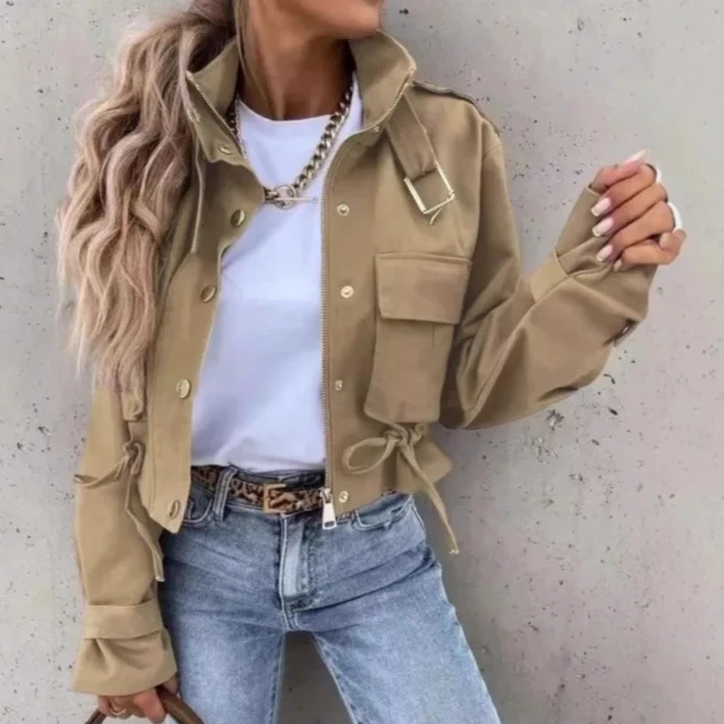 Khaki Stand Collar Cargo Jacket Zip Button Front Drawstring Hem Multi Flap Pockets Epaulet Long Sleeve Cropped Outer Coat 260602