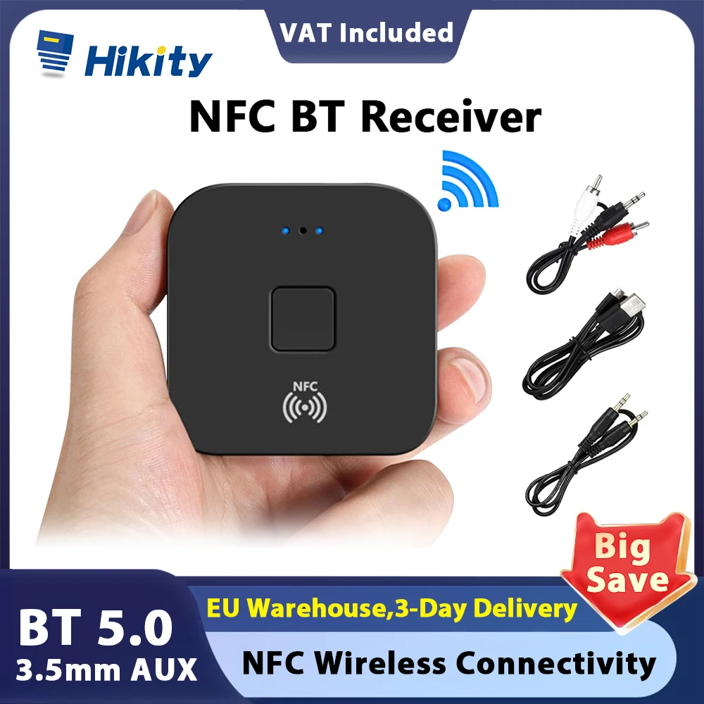 Hikity 10M Bluetooth Receiver 5.0 3.5mm Jack Aux Wireless Adapter Music NFC Bluetooth 5.0 Audio Receiver for TV Car 2RCA