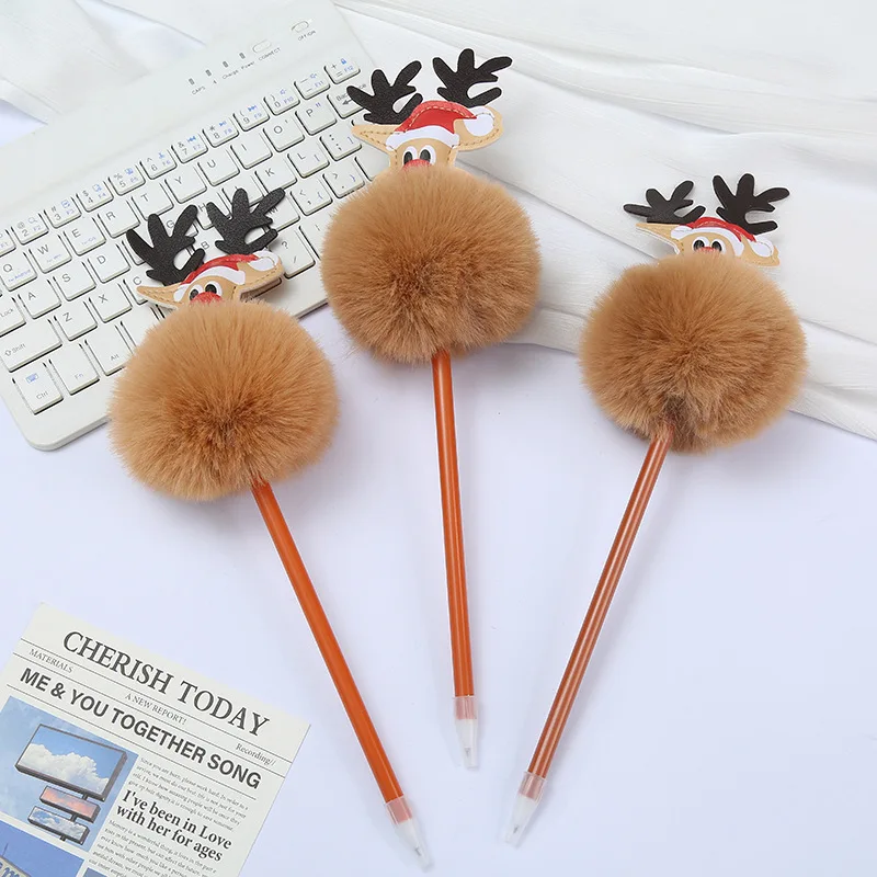 12 Pcs   Cartoon Plush Funny Christmas Reindeer Toy Ballpoint Pen/Creative Student Stationery/Holiday Children Party Gifts