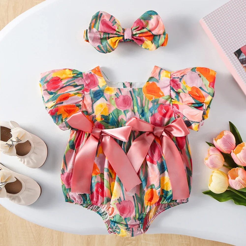 

2PCS 0-2Y Baby Clothes Full of Tulip Toddler Girls Bodysuit One Piece Puff Sleeve Girls Clothes with Headband Infant Outfit