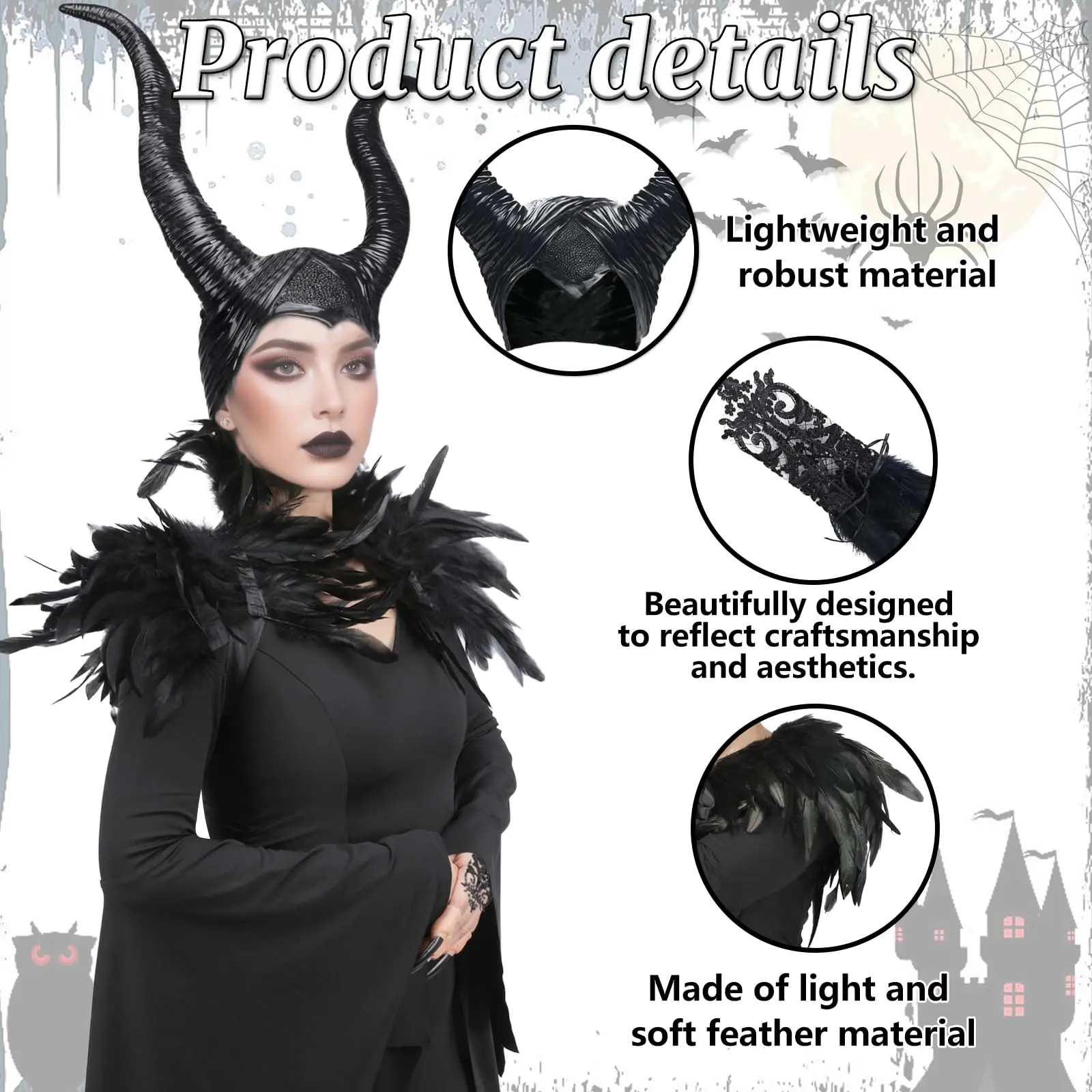 Costume de corbeau d'halloween pour femmes, 3 pièces, avec cornes, manches cape en plumes noires, accessoires de tenues pour adultes, accessoires de Cosplay