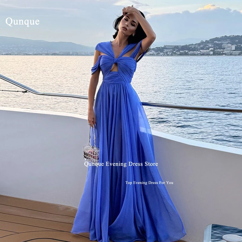 

Qunque Bilayer Straps Customized Evening Dress Women Blue Chiffon Pleat Vestidos de Fiesta Formal Occasion Dresses فساتين سهرات