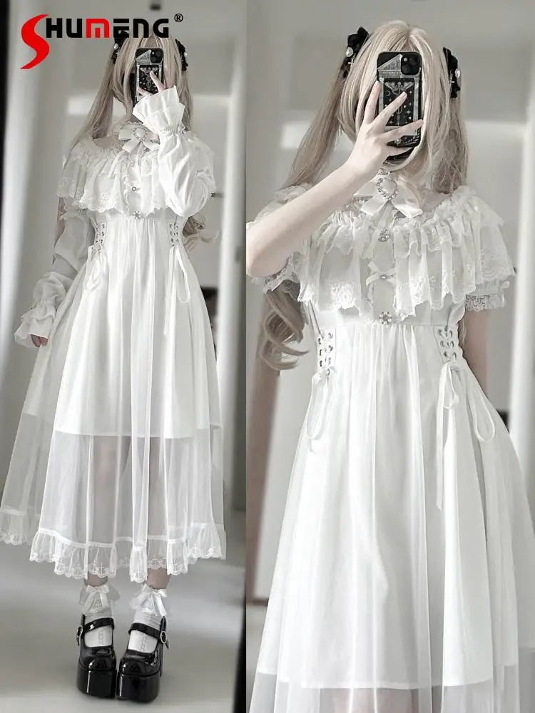 

Subculture Y2k White Long-sleeved Dress Japanese Girl's Mine Mass-produced Sweet Elegant Lace Cloak Splicing Sleeve Lolita Dress