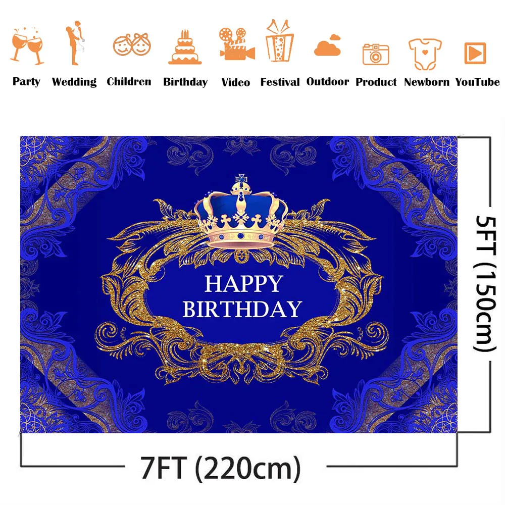 Happy Birthday Party Decoration Banner Dark Blue and Gold Glitter Photo Background Supplies Royal Blue Prince Theme Decoration