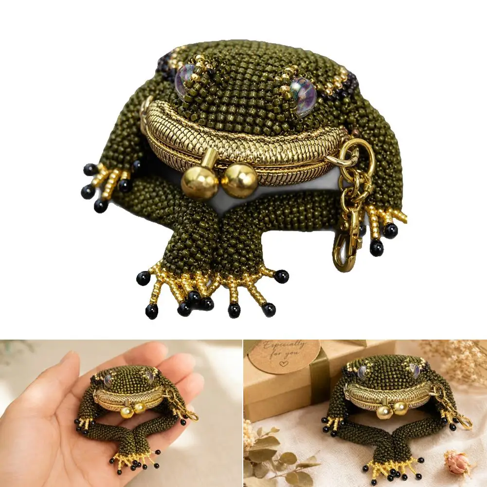 Mini Frog Purse Vintage Beaded Animal Shaped Kiss Lock Coin Bag Portable Keychain Decorative Pouch
