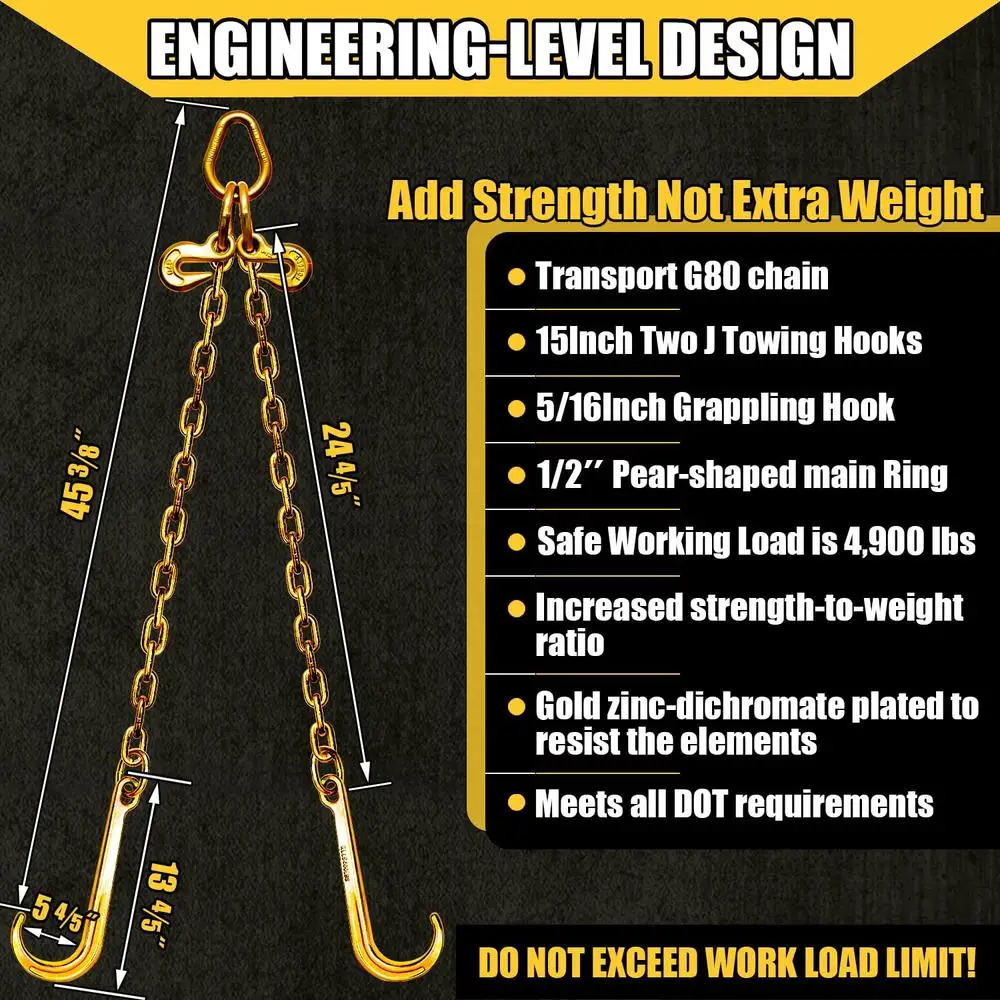 سلسلة سحب شديدة التحمل 5/16 بوصة خطافات J من النوع V 2 بوصة خطاف انتزاع G80 فولاذ أصفر مطلي بالزنك جرار سيارة