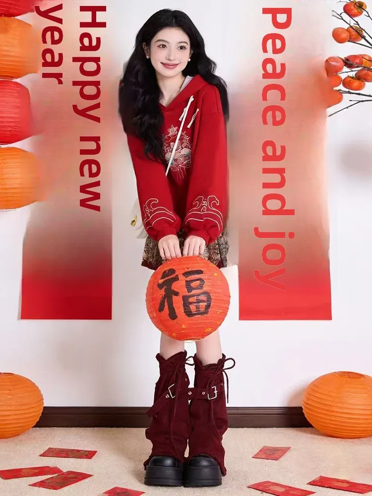 

Red Hoodie Skirt Set Women's Winter New Year's Outfit Casual Sle High Waist ort Skirt Long Sve Hoodie Sweet Cute Faion