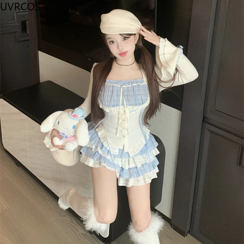 Japanese Style Lolita 2 Piece Set Women Sweet Slim Y2k Crop Blouse Tops Party Mini Skirts Fashion Suit Harajuku Kawaii Clothiing