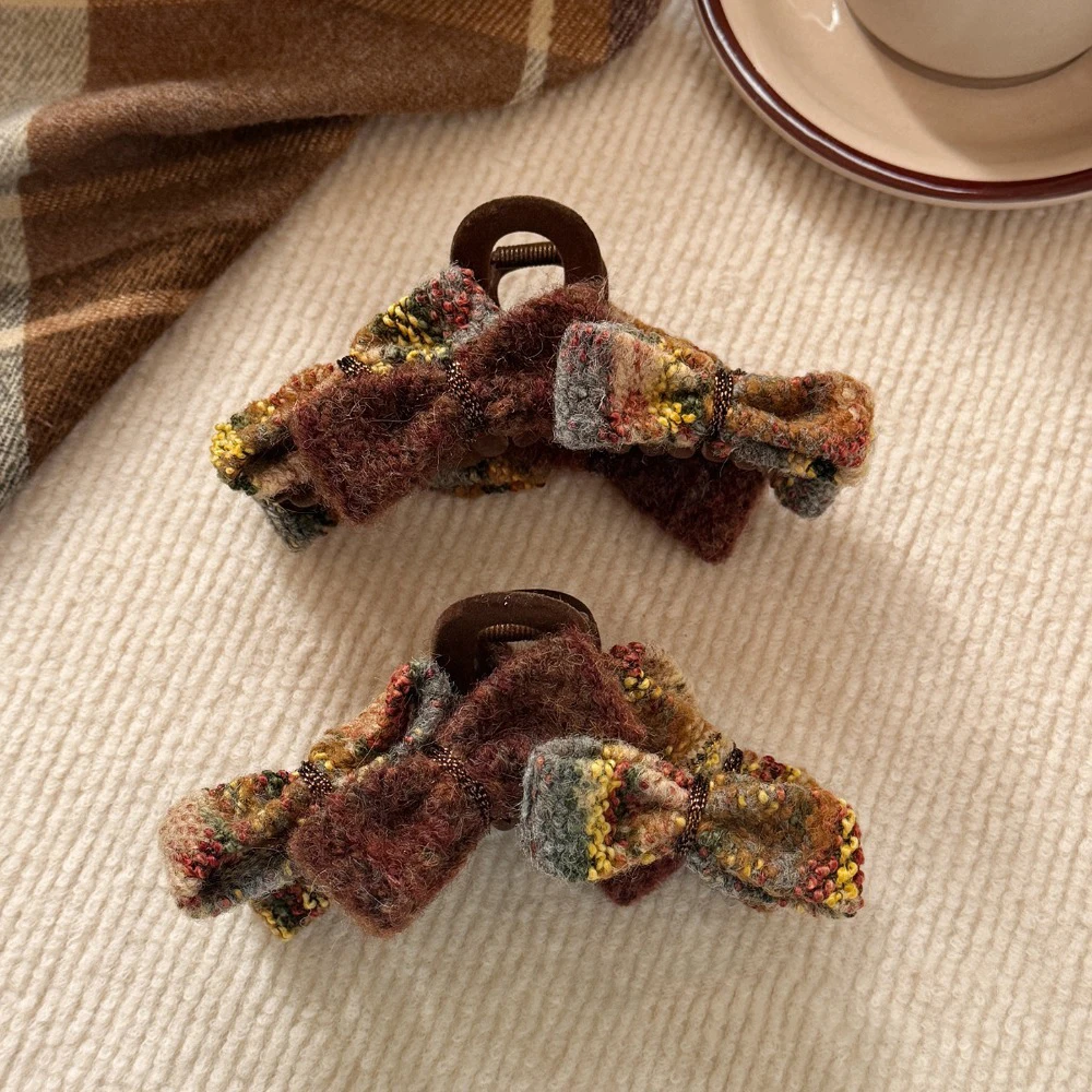 

1 шт., клетчатые зажимы для когтей с бантом, нечеткие текстурированные теплые земляные тона, ретро клетчатые узоры, образцы на каждый день, очаровательные детали, лифты