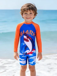 Toddler Baby Boys Swimwear One Piece Swimsuit Water Sport Surfing Swim Shirt Lovely Cartoon Shark Prints Bathing Suit