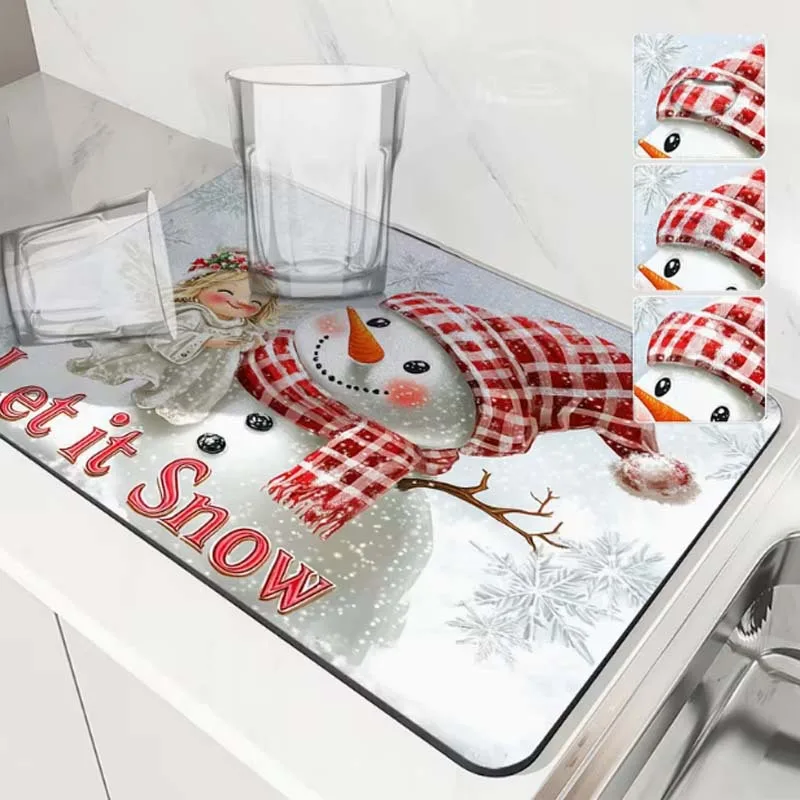 Christmas Snowman Dish Drying Mat Absorbent Let It Snow Placemat Non-Slip Rubber Counter Coffee Maker Pad