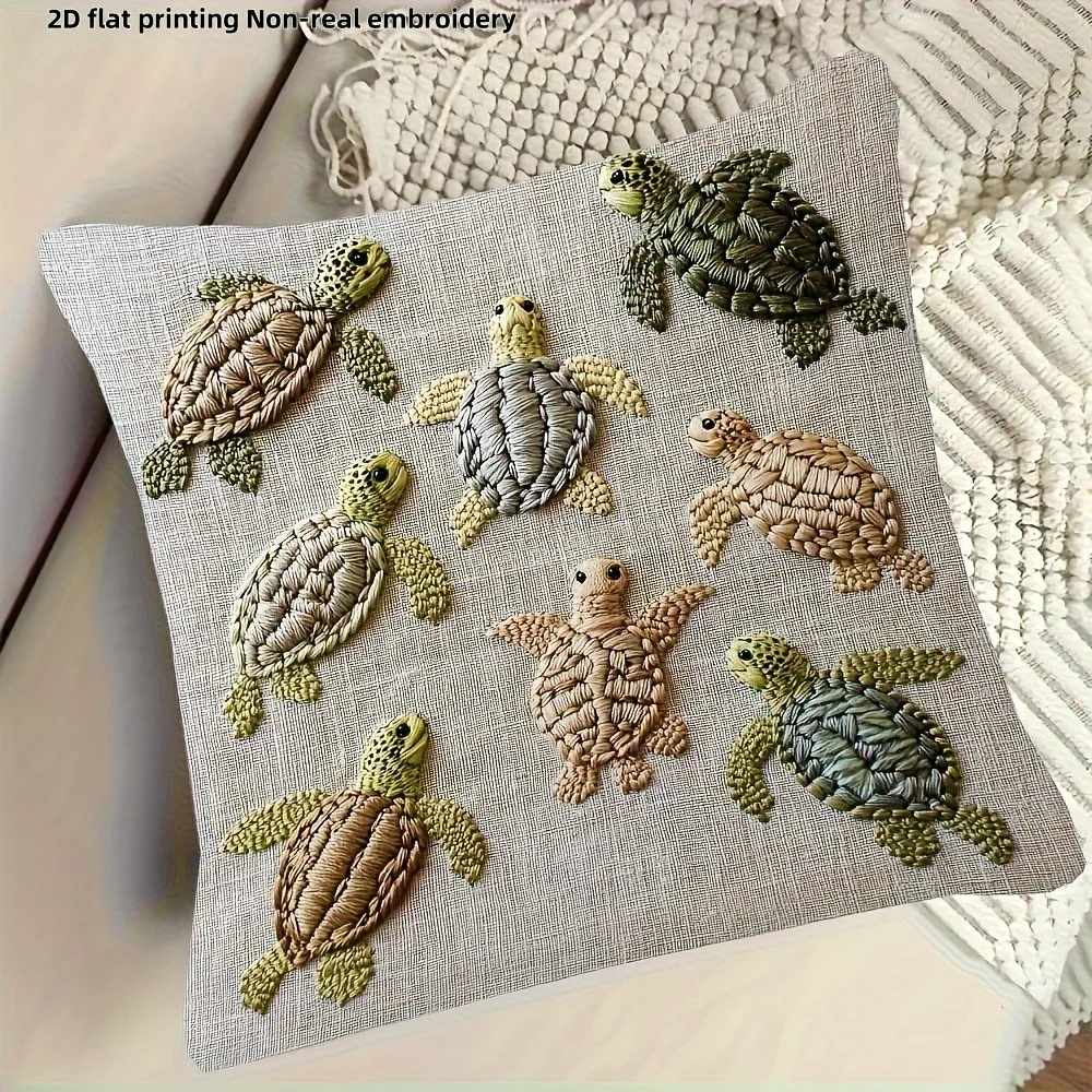 Sea Turtle Pillow Cover 2D Faux Embroidery Print Coastal Ocean Animal Cushion Case for Sofa Bed Couch Beach Nautical Home Decor