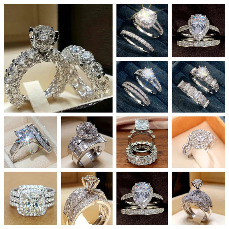 2025 New Fashion Double Stacked Set Ring for Women's Engagement Wedding Party Accessories Luxury Two Piece  Jewelry