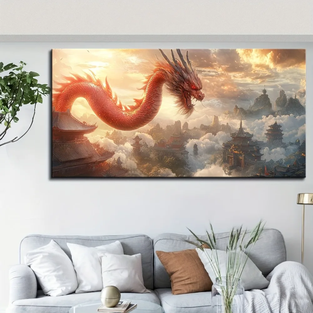 

Majestic Oriental dragon canvas print hanging picture,1.5 inch thick pine frame, vibrant mythical creature