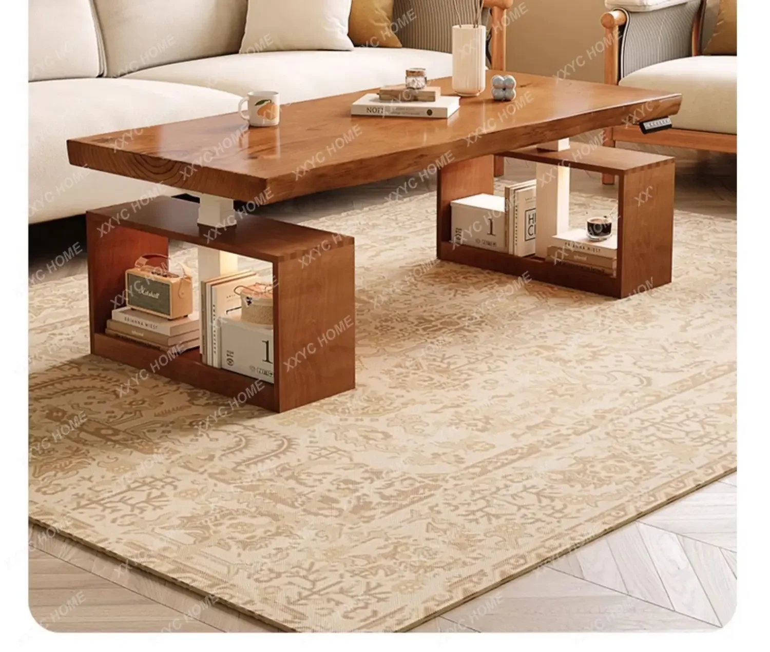 

A Solid wood lifting coffee table becomes dining table dual-purpose two-in-one with drawers electric multi-function