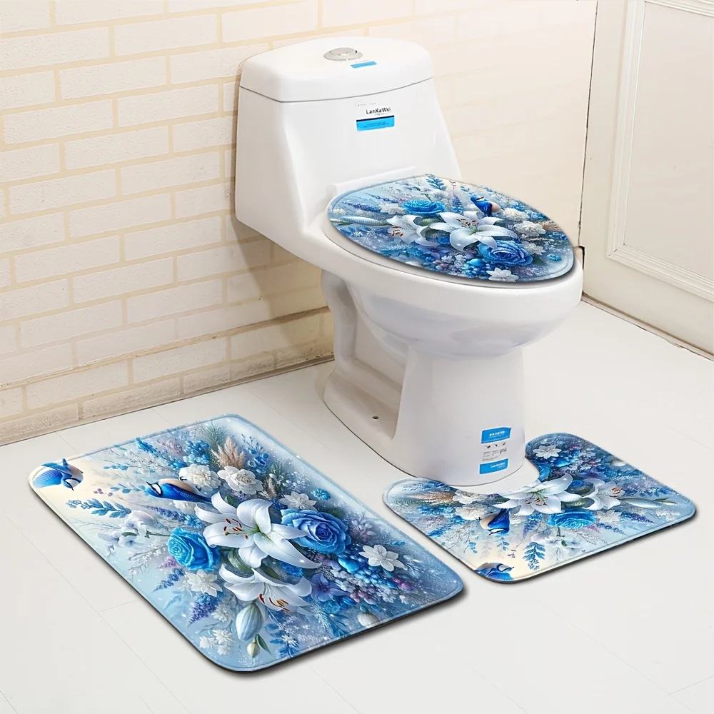 

3pc Lotus blue rose bird pattern, polyester fabric, machine washable, U-shaped mat, bathroom mat, toilet seat cover mat
