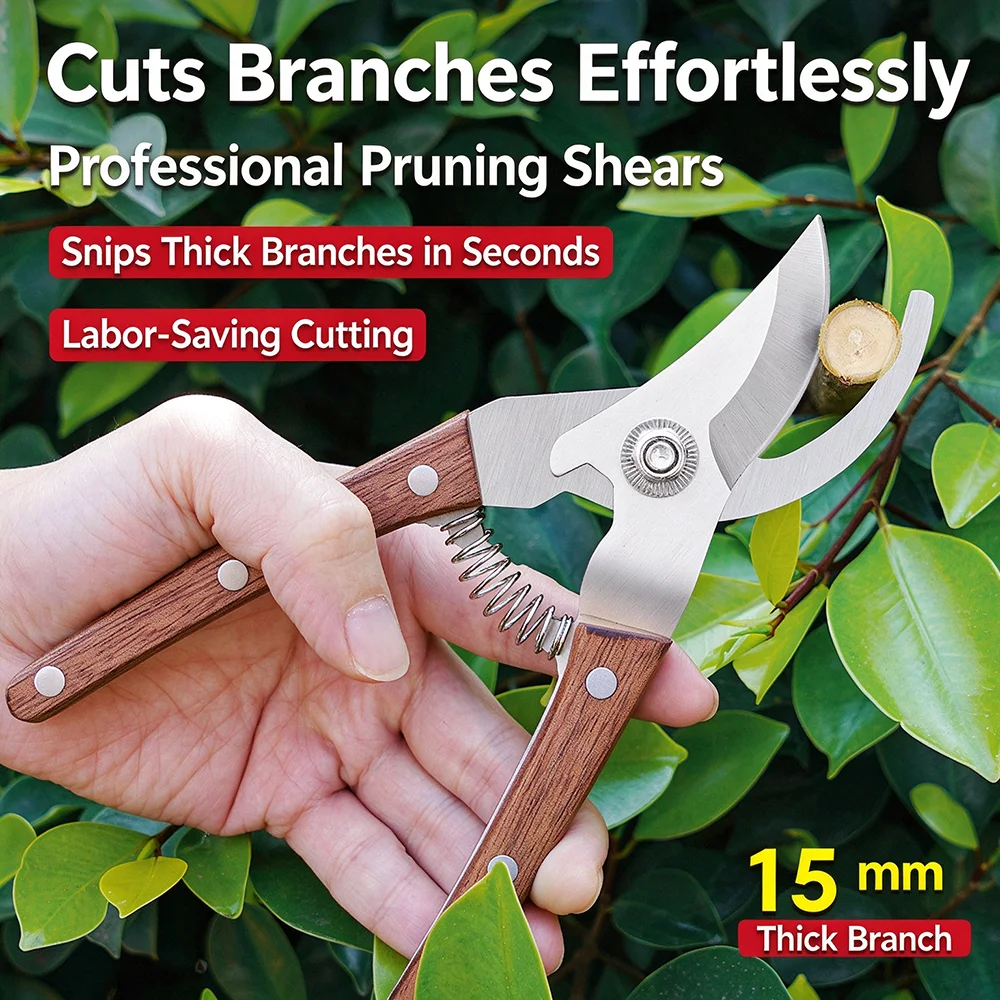 Stainless Steel Gardening Pruners Wooden Handle Bypass Shears Flower Branch Scissors Garden Scissors Stainless Steel Potted Prun