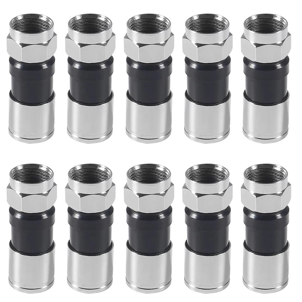 10 PCS RG6 F-Type Coaxial Compression Connectors - Waterproof Straight Antenna Cable Adapters for Satellite & Cable TV (Black)
