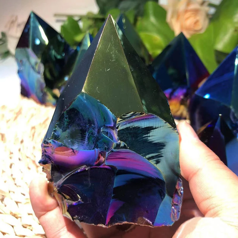 Rainbow Titanium Aura Black Obsidian Point Tower Magical Stunning Semi-polished Cut Irregular Raw Volcanic Grid Crystal Obelisk