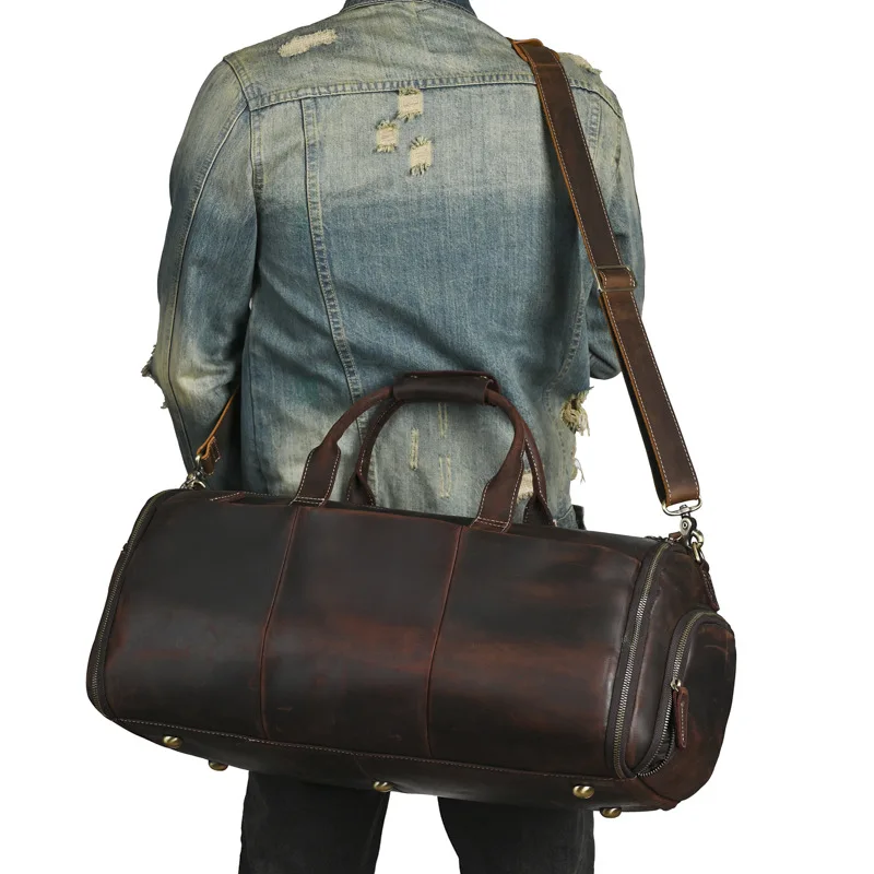 Leather travel bag large capacity multi-functional Crazy Horse leather travel bag multi-compartment messenger luggage bag men
