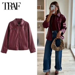 TRAF Women Fashoin Faux Leather Jacket 2024 Women Autumn Winter Long Sleeve Burgundy Jacket New in Outerwears Streetwear Coats