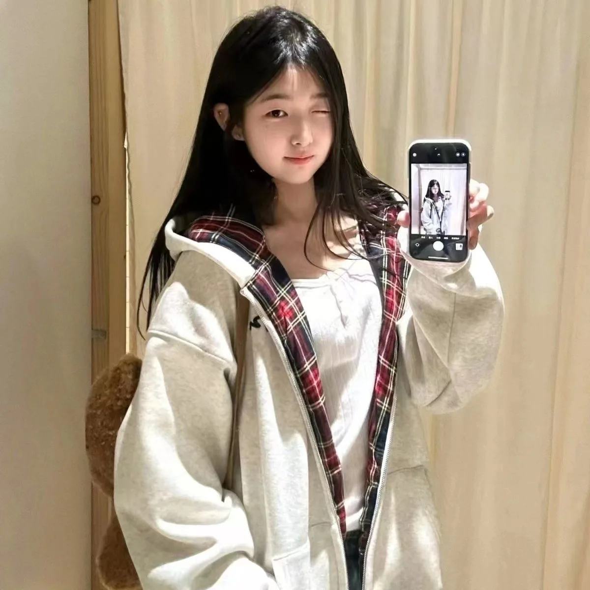 American Style Simple Letter Print Plaid Splicing Design Hoodie Women's Early Autumn Korean Version Fleece Liner Cardigan Trendy